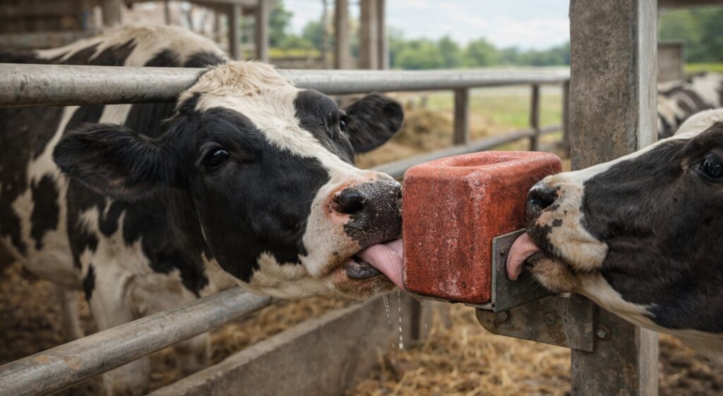 dwie krowy liżą lizawkę, która jest między nimi